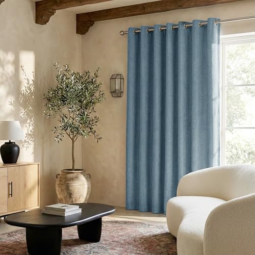 Image of NICETOWN 100% Blackout Linen Sliding Door Curtains with White Liner Composite, Grommet Extra Wide Window Treatments Room Divider Drapes for Bedroom /Living Room, Stone Blue, W100 x L84, 1 Panel