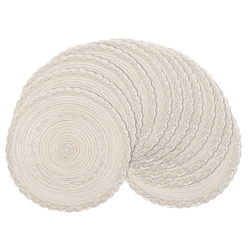 Image of SHACOS 15 inch Round Braided Placemats Set of 12 for Dining Table Woven Boho Place Mats Kitchen Placemat Washable Table Mats, Ivory Bordered