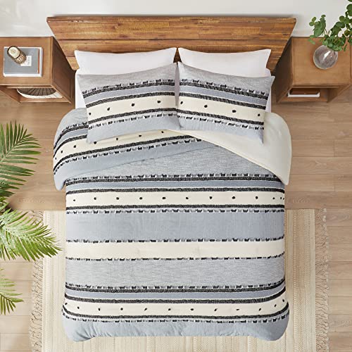 Hyde Lane 100% Cotton Farmhouse King Comforter Set, Blue Boho Style Tufted Bedding with Yarn-Dyed Stripes, 3 Piece with 2 Pillow Shams, Rustic Neutral Bedroom Décor, 104x90