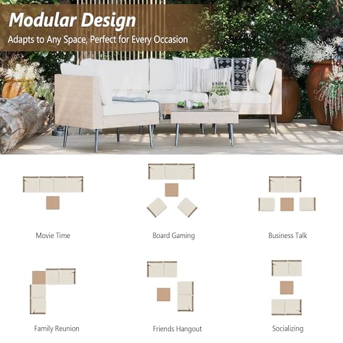 Rotihom 5-Piece Wicker Outdoor sectional Patio Furniture Set with Durable Dense PE Rattan, Conversation Patio Furniture with Washable Thick Cushions for Garden, Backyard, Poolside