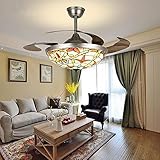Classic Tiffany Style 42 inch Floral Handmade Shade Ceiling Fan with Light Invisible Blades Metal Fan Chandelier Light Fixture, 3 Wind Speeds Adjustable with Remote Control