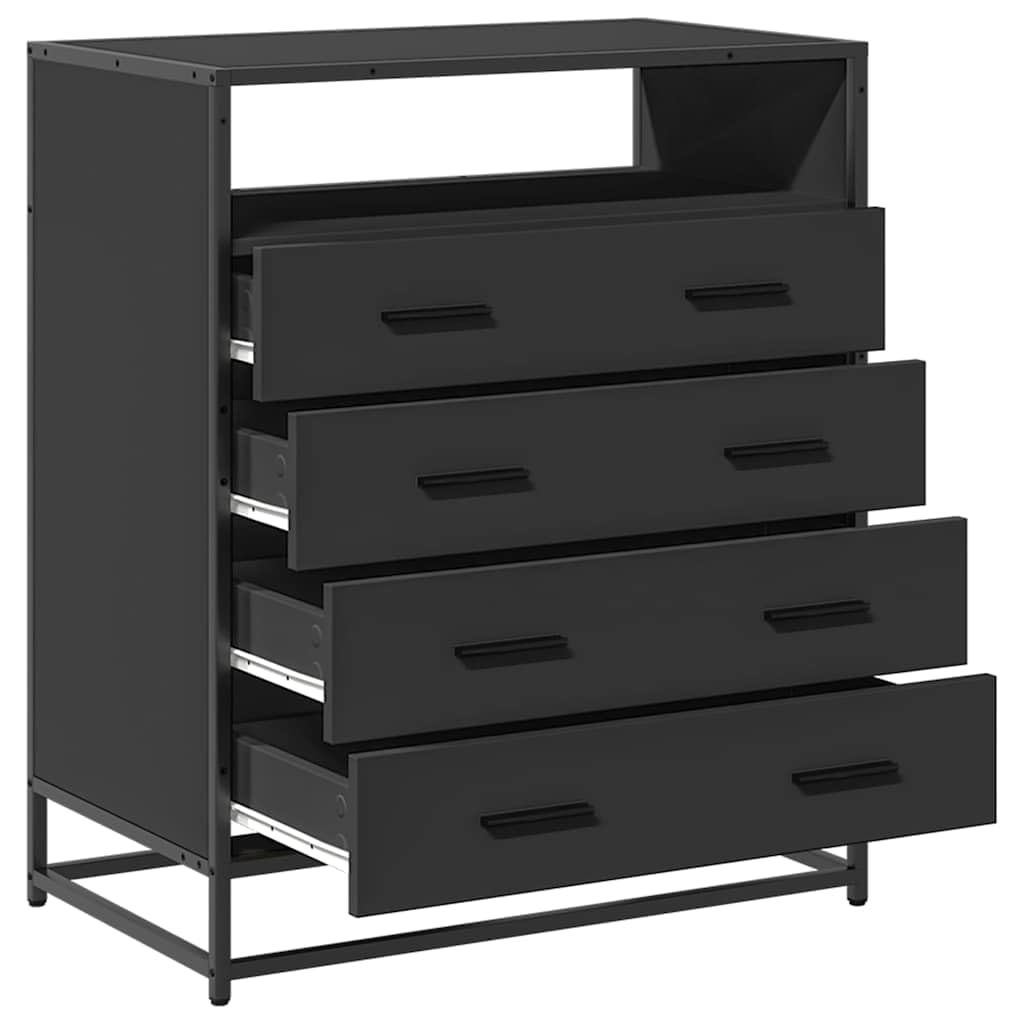 Schubladenschrank Schwarz Holzwerkstoff mit Metallgestell 70x41x83,5 cm, 4 Schubladen Stauraum für Schlafzimmer Wohnzimmer Flur, stabile Ablage für Ordnung und Aufbewahrung