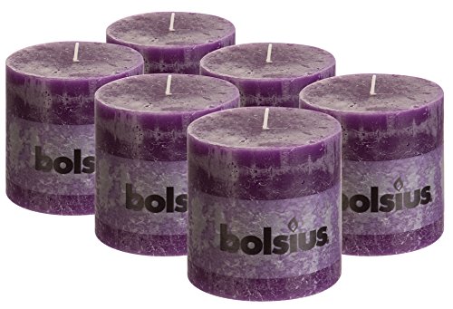 Bolsius Rustic 6 Pack 4 X 4 Inch Purple Unscented Luxury Pillar Candles - Paraffin Wax, Cotton Wick - Party Decoration Candles Dripless Dinner Relaxing Candles Modern Look (100x100mm)