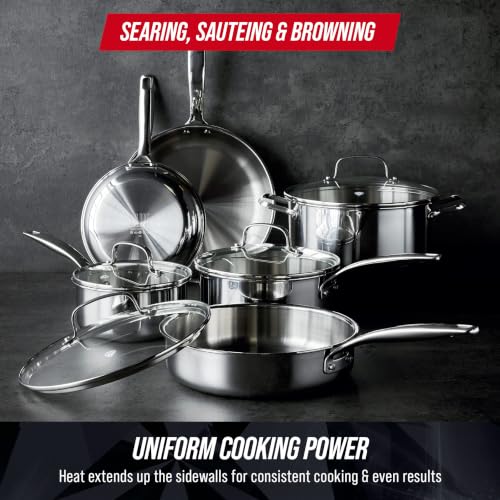 Image of Blue Diamond Pro Steel 10 Piece Tri-Ply Stainless Steel Cookware Set | Multi Clad Pots & Pans, Induction & All Stovetop Suitable, Mirror Polished Finish, Dishwasher Safe, Oven Safe to 850F, Silver