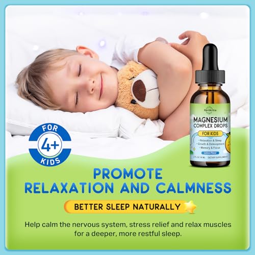Image of (2 Pack) Magnesium Glycinate Liquid for Kids, Kids Magnesium Liquid Drops Supplement with L-Theanine, Calcium, Zinc, Vitamin D3 K2 for Sleep Calm Relaxation Brain Bones Focus, Lemon Flavor 4 Fl Oz