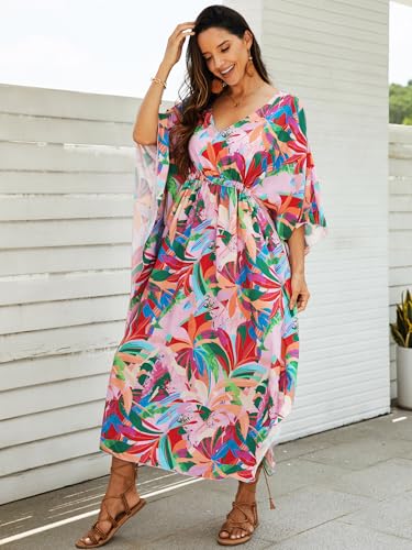 Image of Moss Rose Kaftan Dresses for Women V Neck Summer Swimsuit Cover up Caftan Maxi Beach Dresses