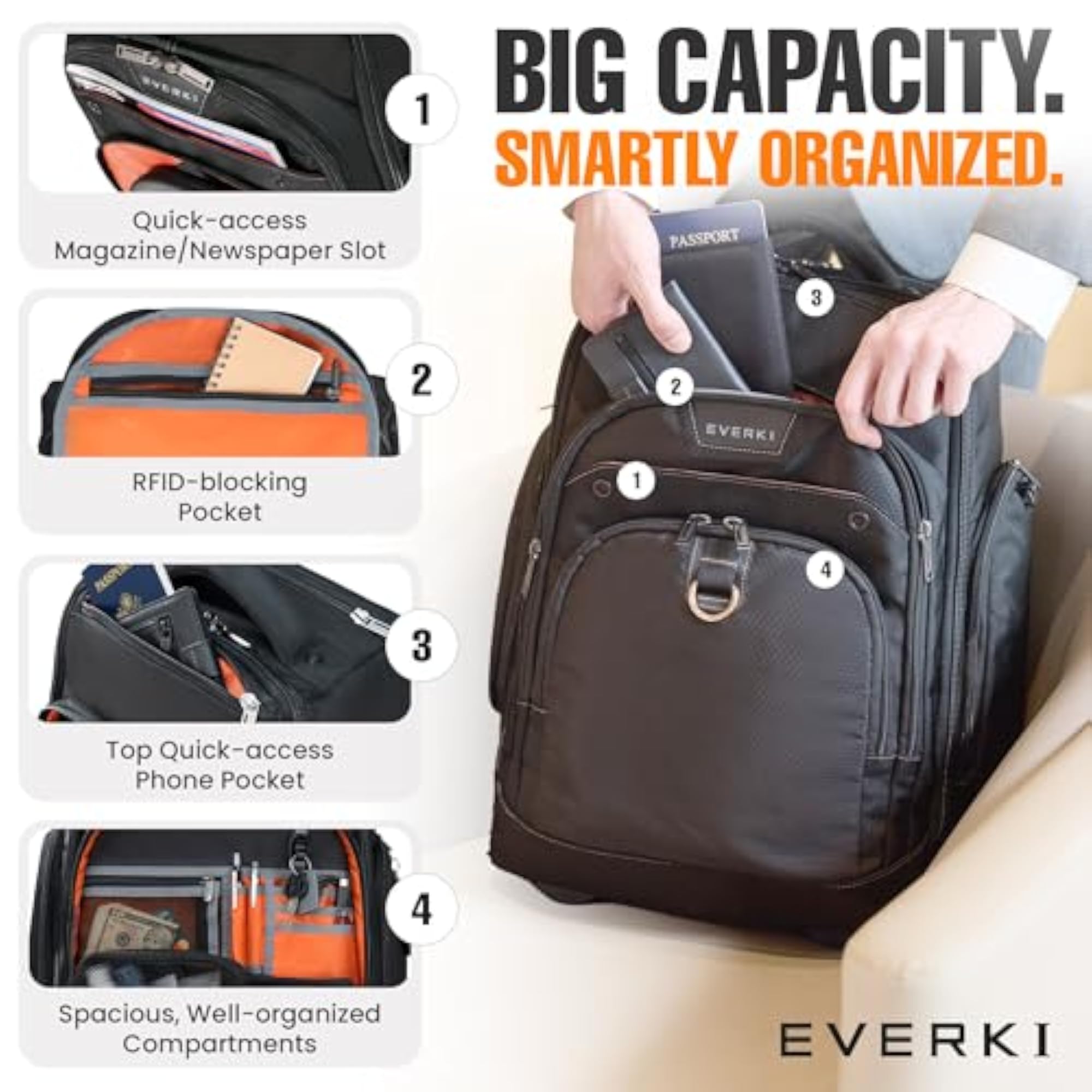 Adjustable Compartment Large Rolling Backpack
