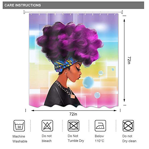 Evermarket African Woman Shower Curtain Set With Non Slip Rugs, Toilet Lid Cover And Bath Mat,Waterproof Shower Curtain With 12 Hooks For Bathroom Decor,African American Woman With Purple Hair #TOP5