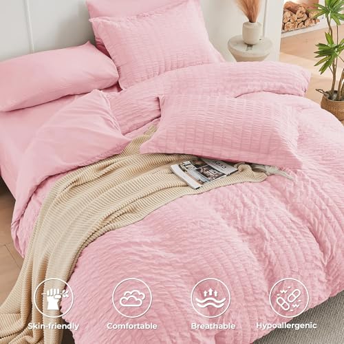 Image of HYMOKEGE Pink Full Size Comforter Sets Seersucker 7 Pieces, All Season Luxury Bed in a Bag for Bedroom, Bedding Set with Comforters, Sheets, Pillowcases & Shams