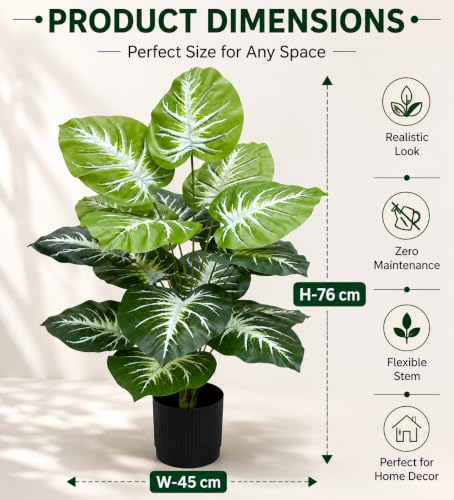 Image of Cocco.BUA Artificial Plant with Black Pot, 18 Leaves, 76 CM (2.5 Feet) (Caladium Plant)