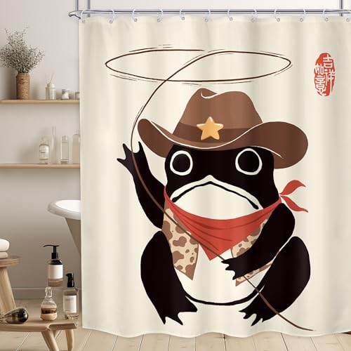 Funny Cowboy Frog Western Rodeo Animal Cute Hat Bathroom Shower Curtain Set
