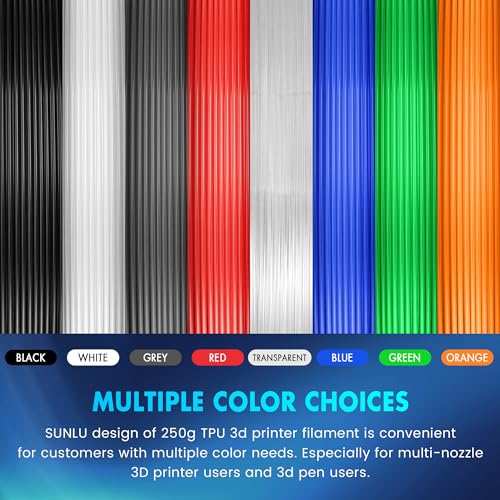 Image of SUNLU TPU 3D Printer Filament 1.75mm, High Speed 95A TPU Filament, Flexible 3D Filament for Fast Printing, Dimensional Accuracy + /- 0.03mm, (250g Black+White+Grey+Red+Transparent+Blue+Green+Orange)