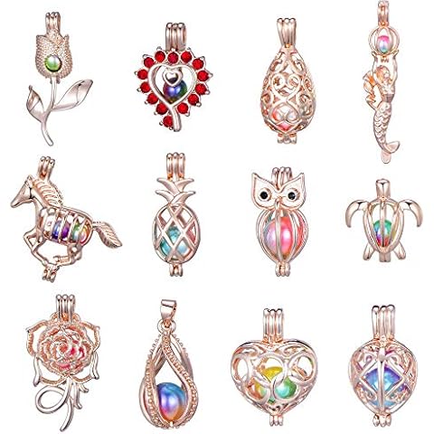 12Pcs Rose Gold Pearl Bead Cages Pendant - Essential Oil Scent Diffuser Locket Cage Charms for DIY Bracelet Necklace Earrings Jewelry Making (12PCS) Cover