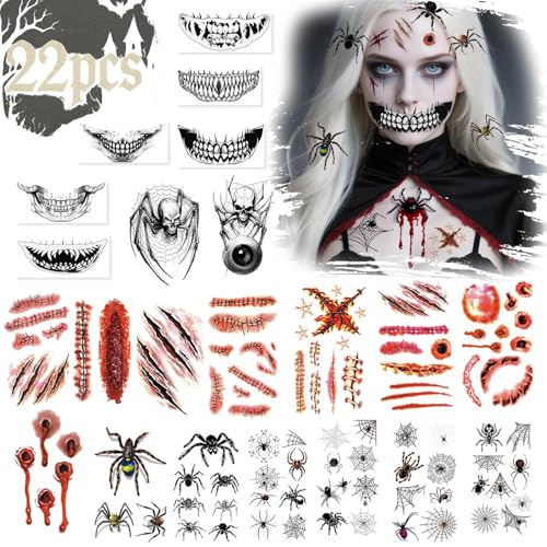 ROEOWENE 22 Blatt Halloween Tattoo Gesicht Spinnen Gruselig Halloween Kostüm Damen Herren Horror Temporäre Tattoos Erwachsene Fake Tattoos Wunden Narben Tattoo Aufkleber Vampir für Schminke Accessoire