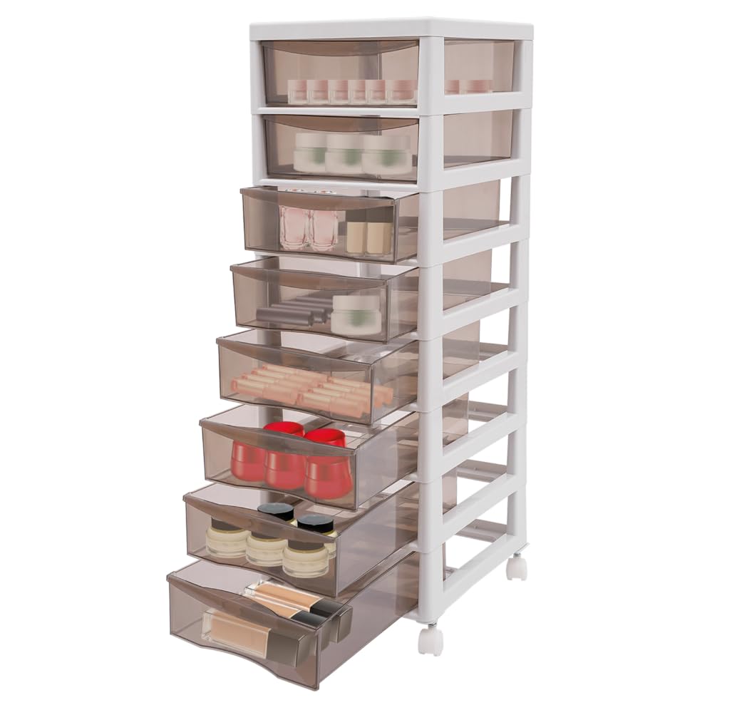 Cassettiera Salvaspazio 8 Cassetti Trasparenti, Carrello Organizer in PP con 4 Ruote, Mobile Portaoggetti per Bagno e Camera, Struttura Robusta, Multiuso e Capiente, Khaki