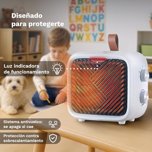 GRUNKEL - Calefactor Cerámico CF-1500CM de 1500W con Calentamiento instantáneo PTC Cerámico| 2 Niveles de Potencia | Termostato Ajustable | Protección Antivuelco y Sobrecalentamiento - imagen 5