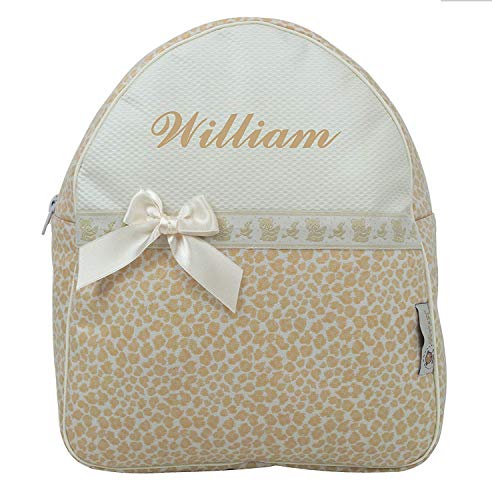Mochila o Bolsa Infantil Personalizada con Nombre en plastificado. Modelo Gabriela  Beige