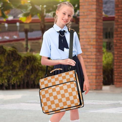 Image of 3 Ring Zipper Binder with Shoulder Strap Orange Checkerboard 1.5 inch Binders Keeper Large Capacity Multi Pockets for School Office Supplies
