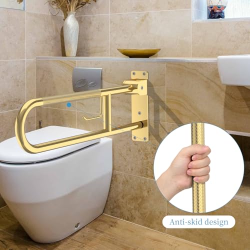 Image of Toilet Grab Bar 30.3 Inch Gold, Munzong Anti-Slip Handicap Grab Bars with Paper Holder, Flip-Up Bathroom Safety Rails, Stainless Steel Knurled Support handrails for Seniors Elderly Disabled Pregnant