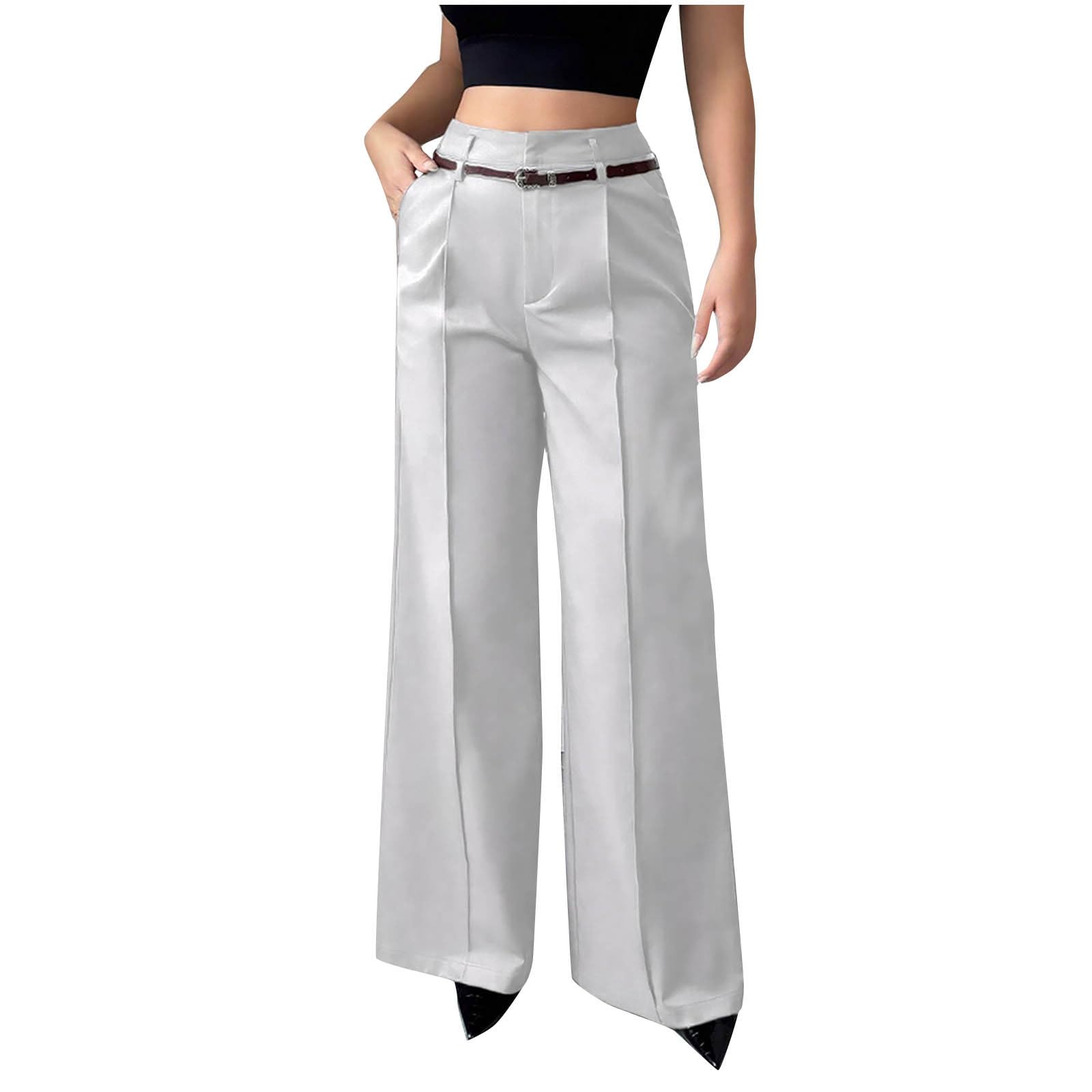 Straight Leg Pants Woman Stretchy Work Dress Pants Pull on Business Casual Slacks High Waist Trousers with Pockets