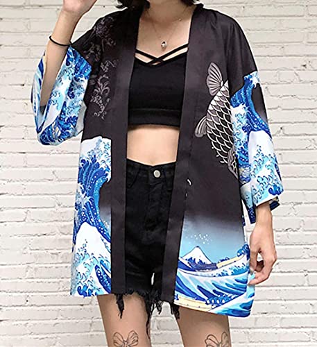Image of LAI MENG FIVE CATS Women's Floral Print Loose Blouse Japanese Kimono Tops | Puff Sleeve,Cover up Top,Casual Cute Tops,Summer Cardigans 2026