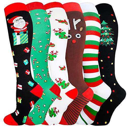 6 Pairs Christmas Series Compression Socks for Men & Women 20-30 mmHg Graduated Compression Stockings for best top gifts socks over 50/70 pregnancy essentials deals(Christmas Series S-M)