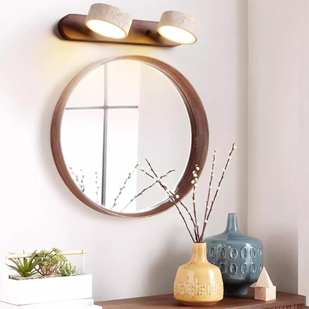 LED Wandleuchte Dimmbar Schlafzimmer Spiegel licht Wabi-Sabi Stil mit Drehbarem Schirm, Wandlampe aus Naturstein Travertin Design für spiegelleuchte schminktisch Flur Lampe (Holz-1, L-32cm)