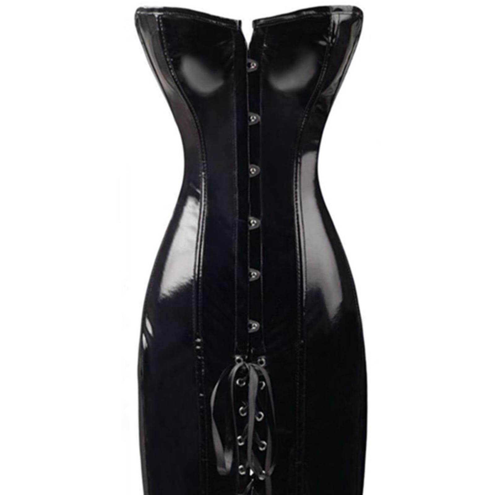 Gothic Womens Sexy Wetlook PVC Faux Leather Corset Dress Long Black Red Shape Body Slim Bustini Overbust Corsetti Catsuit in Lattice-Nero, XXL