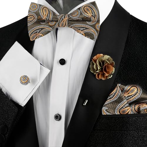 Image of Alizeal Mens 4pcs Vintage Paisley Bow Tie Set | Pre-tied Pocket Square Cufflinks Boutonniere for Wedding Everyday Use