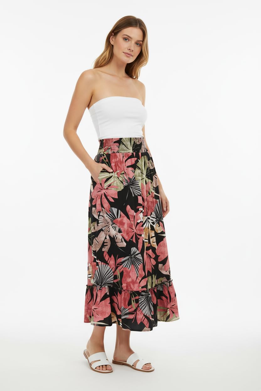 Bsubseach Womens Boho Floral Print Maxi Skirts Elastic High Waist Flowy A Line Long Midi Skirt with Pockets - Image 3