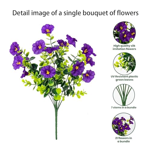 Artificial Flowers for Outdoors16 Bundles of UV-Resistant Silk Morning Glory with Eucalyptus-Realistic Faux Plants as Perfect Filler for Home Planter Porch & Garden Decor (Purple) image 2