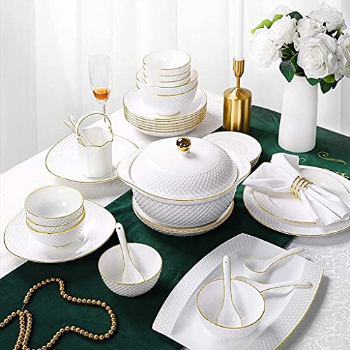 H3TF5J - Juego de vajilla de cerámica, 49 piezas de porcelana blanca en relieve, apta para microondas y lavavajillas, 45 piezas de vajilla saludable para comida de huesos