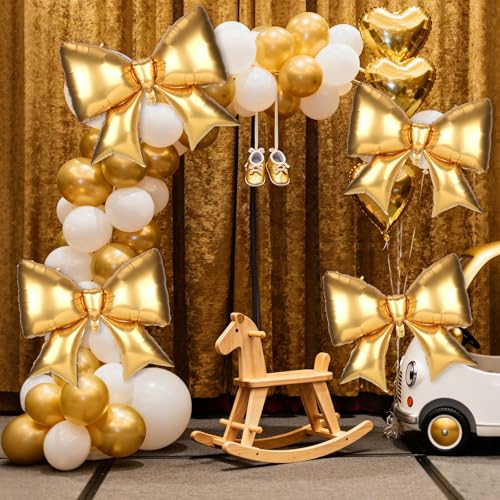 Image of 4Pcs Giant Bow Balloons, 97.5cm /38in Big Elegant Coquette Theme Balloons for Birthday Wedding Engagement & Party Large Decorations Bridal & Bachelorette Supplies (Gold)