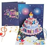 誕生日カード メロディ ライト付き ケーキ 3D 立体 バースデー カード グリーティングカード ポップアップカード メッセージカード 誕生日 お祝い 封筒付き (ネイビー)