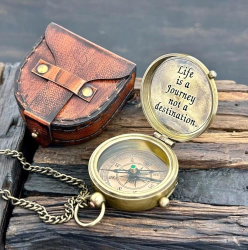 Brújula Vintage de Latón con Estuche de Cuero, Cita Grabada 'La Vida es un Viaje, no un Destino', Collar con Cadena, Regalo Inspirador miniatura 2