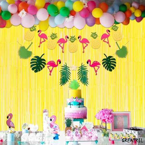 Image of Yellow Streamers Party Backdrop - GREATRIL Foil Fringe for Pineapple /Lemon /Truck /Race Birthdays Party Decoration - 3.2ft X 8.2ft - 2 Packs