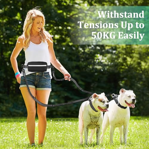 Philorn Joggingleine für 2 Hunde, Freihändig Laufleine für Hunde, Bauchgurt Hundeleine zum Joggen Laufen Wandern mit Dual Griffe, Reflektierende Nähte, Laufgurt für Große Hund bis 50kg, 121-164cm