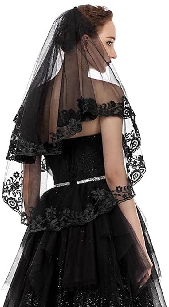 SUNHUITOY Black Lace Veil, Bridal Wedding Veils Halloween Veil Creative Mantilla Cathedral Tulle Sheer Wedding With Comb (Black 4)