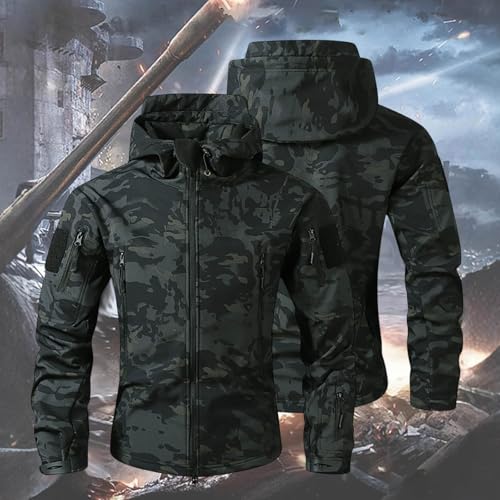 FASLOLSDP Regenjacke Herren Fleecejacke Military Outdoor Softshell Jacke mit Kapuze Fleece Gefüttert Windbreaker Leichte Wasserdichte Jacken Bomberjacke Overshirt Einfarbig Winterjacke für Wandern