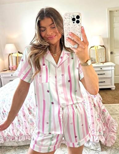 Image of Ekouaer Womens Satin Silk 2 Piece Pajamas Set Short Sleeve Sleepwear | Button Down Top and Shorts Loungewear Set for Sleep, Home, Wedding, Travel, Party, Daily Wear & Great for Sharing