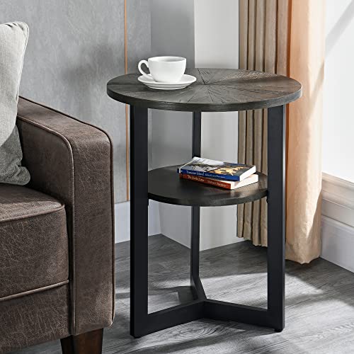 Moderion Small Round End Table With Storage Shelf, Circular Solid Wood Sofa Side Metal Leg, 2-Tier Telephone Table, Nightstand, 24''H X 19.3''D For Living Room Bedroom Entryway Brushed Black Bz1338Bk #TOP2