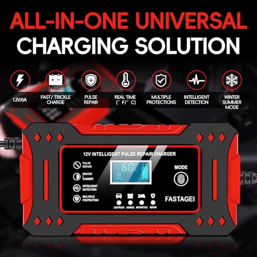 FASTAGEI 6-Amp Battery Charger, 12V 6A Lead Acid Portable Car Battery Charger 4-Stage Trickle Charger Smart Battery Maintainer w/Temp Compensation for Car Truck Lawn Mower Boat Marine — view 4