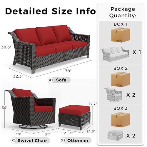 Image of 6 Pieces Patio Conversation Furniture Set - 1 Sofa, 2 Swivel Chairs, 2 Ottomans, 1 Side Table, Outdoor Wicker Furniture with Removable Cushions for Porch, Balcony, Sunroom (Red)