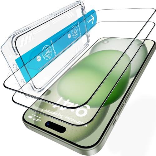 UniqueMe für iPhone 15 für Panzerglas, 9H Bruchsicher Militärniveau, Auto-Installation, für iPhone 15 Schutzfolie, Fingerabdruck-Entsperrung, 2 Stück