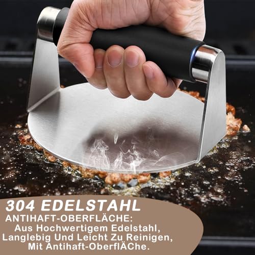 Cerkkapo Burger Smasher Set, 4-TLG Smash Burger Set, Smash Burgerpresse Edelstahl,Burger Set Beinhaltet Burgerpresse, Grillspachtel, Pfannenwender und Burgerglocke für Plancha Gasgrill Teppanyaki