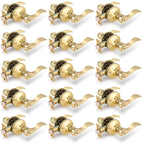 Wave Privacy Levers Bathroom Bedroom Locks in Polished Brass,Reversible Levers for Right Left Handed Doors,15Pack