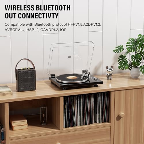 Image of Belt Drive Turntable for Vinyl Record Player, Bluetooth Output, Built-in Phono Preamp, USB Digital Output, Magnetic Cartridge, 33 /45 RPM, High-Gloss Wood Design, No Built-in Speakers