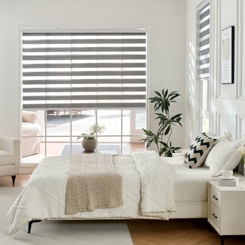 Joydeco Cordless Zebra Blinds for Windows, Dual Layer Free-Stop Zebra Shades Privacy Light Control for Day and Night, Light Filtering Sheer Blinds for Indoor Windows (Grey, 70" W x 75" H)