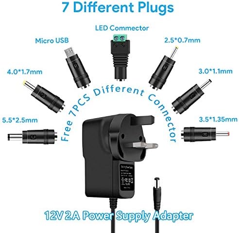 AREVERA 5V 2A Power Supply Adapter, Universal AC 100-240V to DC 5V 2A(2000mA) Adapter with 7 Different Plugs Adapter for LED Strip Lights, Video, Android, Tablet and More 5v Home Appliances Devices