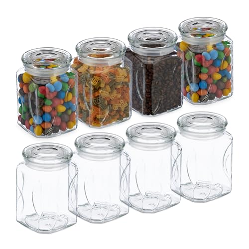 Relaxdays Botes Cristal con Tapa, Set de 8, Vidrio, 750 ml, Recipientes Cuadrados, Tarros Herméticos, Transparente